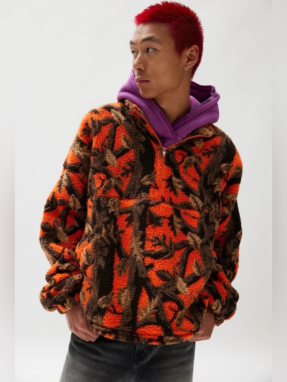 BDG Scotty Printed Half-Zip Mock Neck Sweatshirt Orange Camo Small NWT